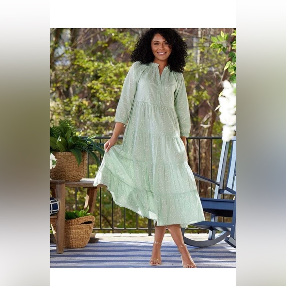 Sweet Magnolia 3/4 Sleeve Sage Green Floral Maxi Dress Lightweight Cotton XXL